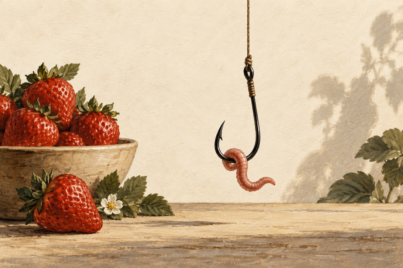 Un anzuelo con un gusano junto a un cuenco de fresas