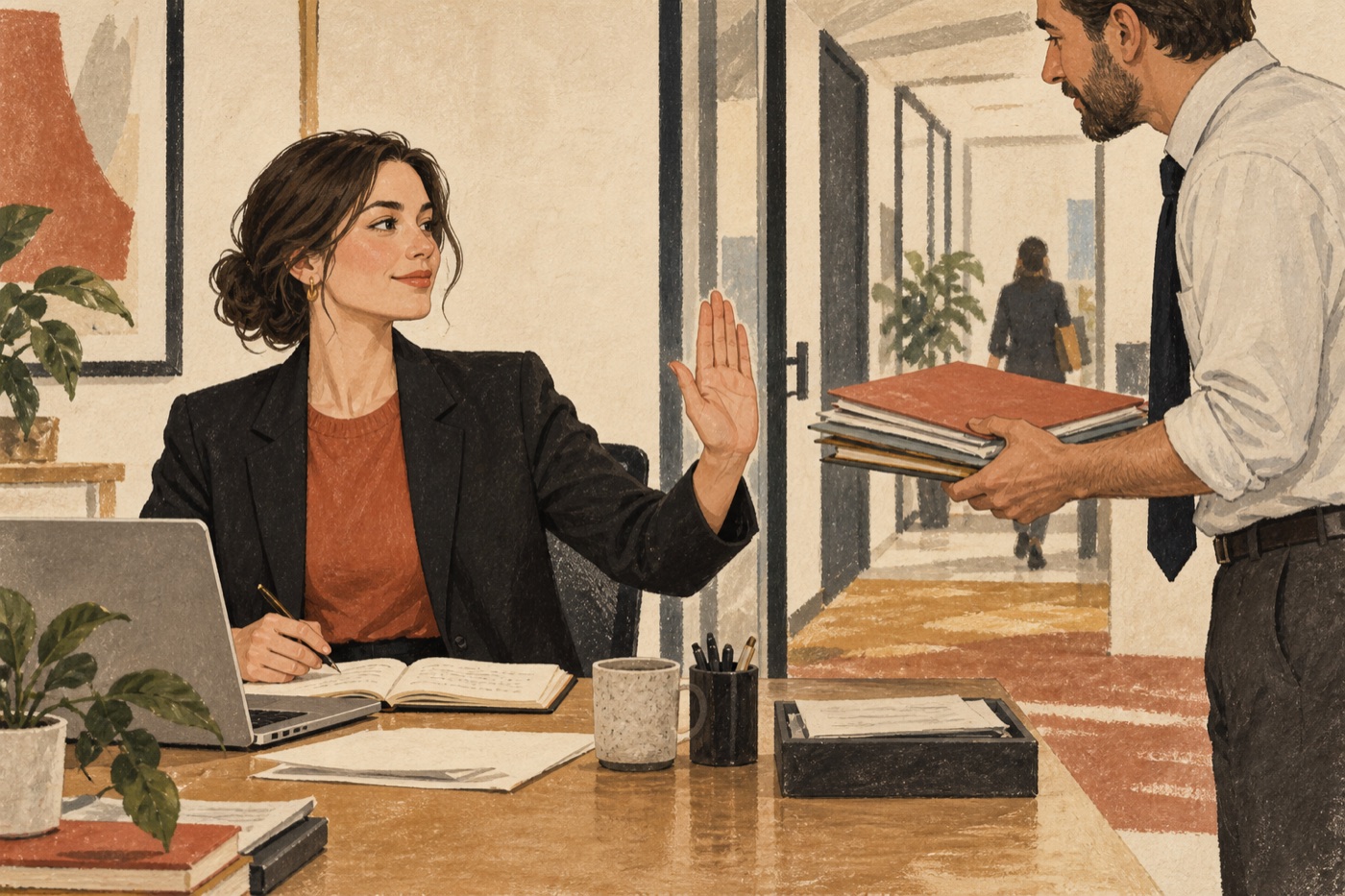 Una mujer levanta la mano para poner un límite ante una petición en el trabajo