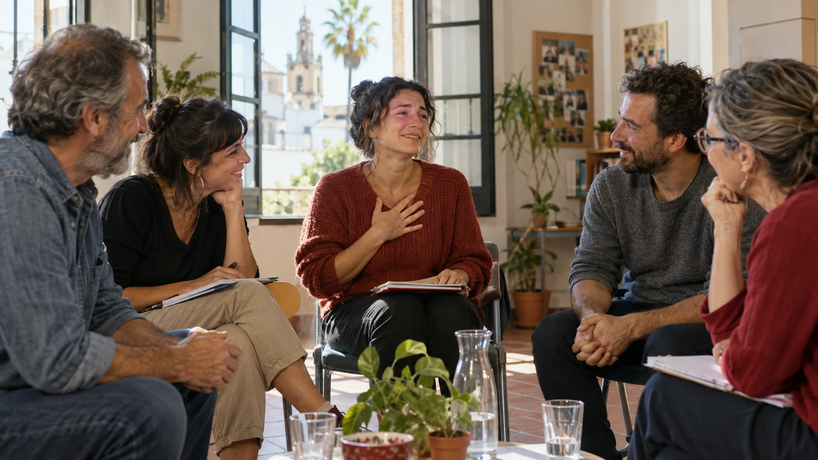 Cinco personas conversan sentadas en círculo